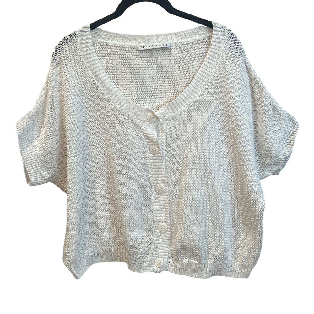 Trina Turk Womens White Open‎ Knit Cotton Short Sleeve Cardigan Sweater Size M